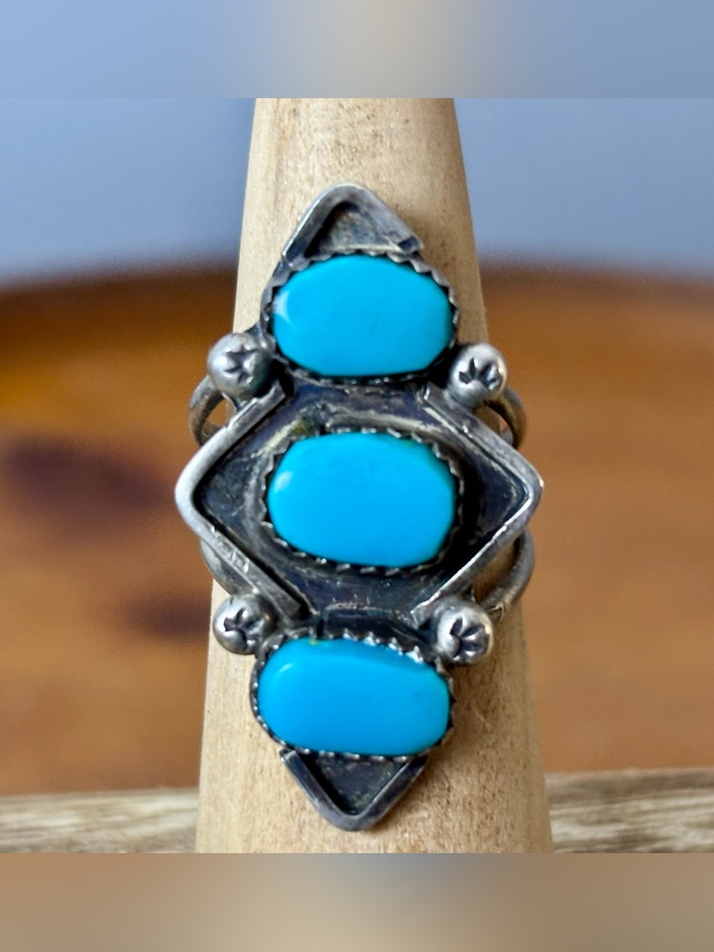 Vintage Sterling Silver Three Stone Turquoise Ring Signed MB. Size 7.